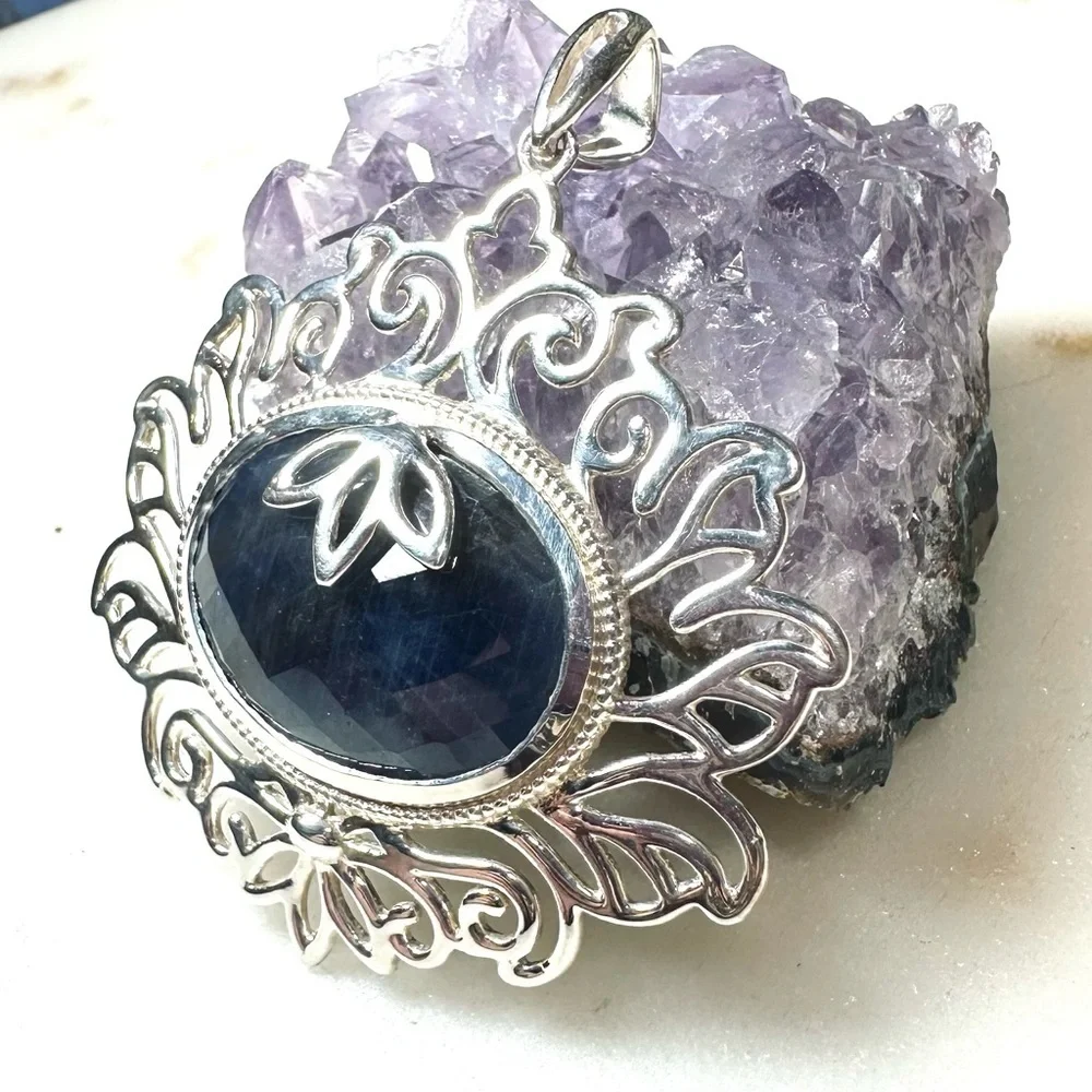 Faceted Oval Rose-cut Fancy Blue Sodalite Solid Sterling Silver Pendant